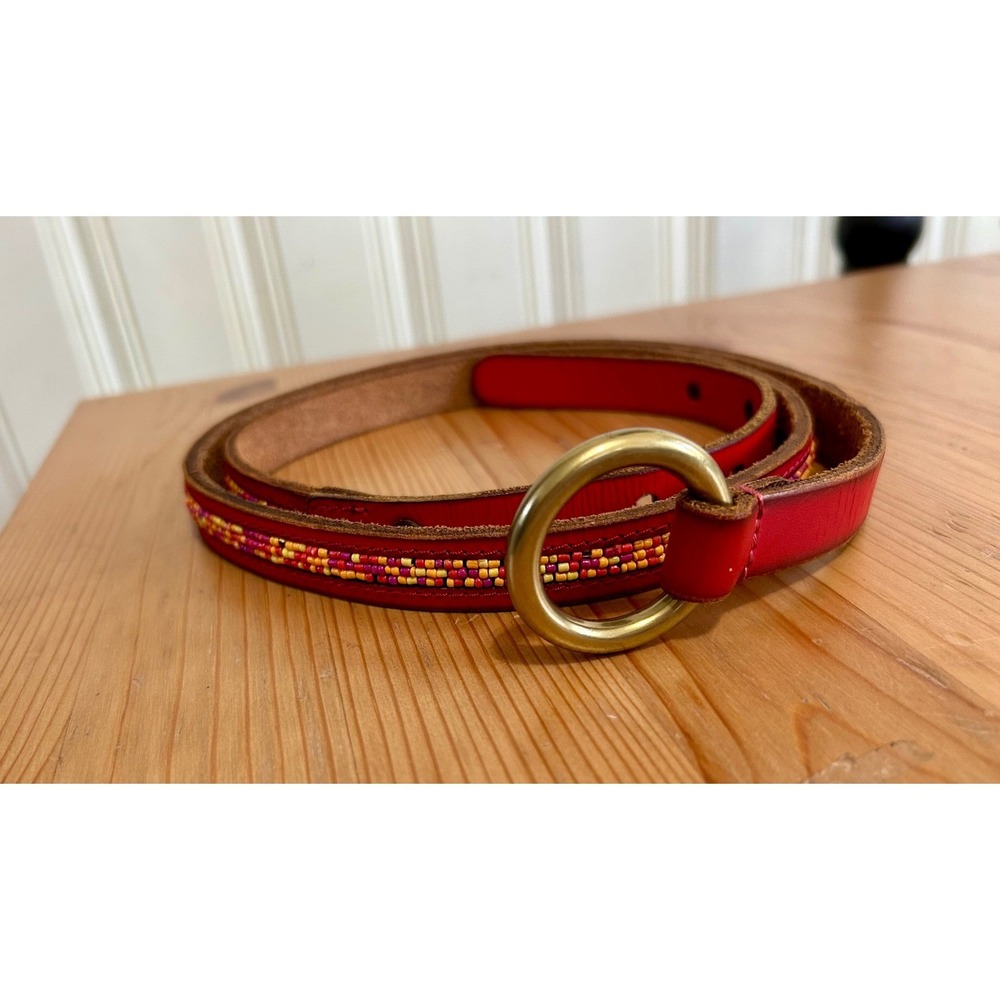 Lucky Brand Red Leather Beaded Skinny Belt XL Brass Buckle Boho Festival Western